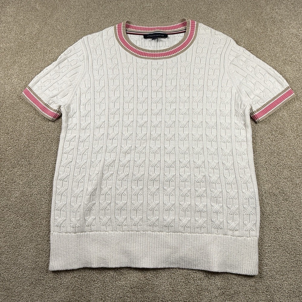 Tommy Hilfiger XL White with Pink & Tan Trim Cable Knit Short Sleeve Sweater